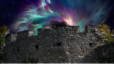 castle in front of rainbow swirling nebula